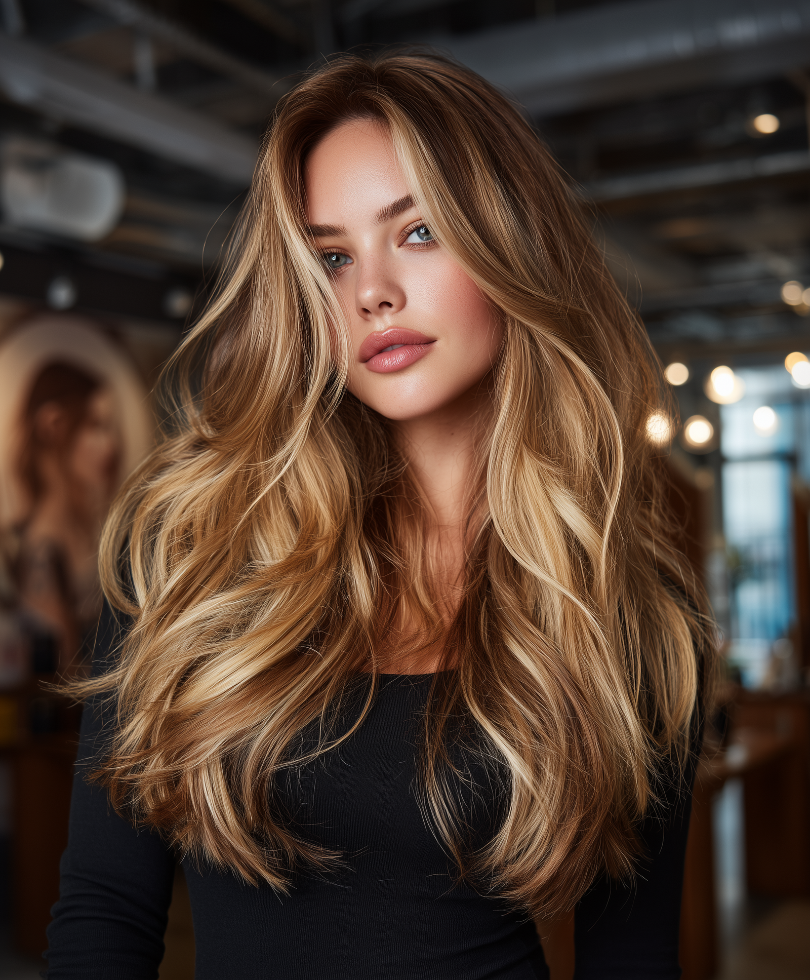 Long, wavy hair in salon setting.
