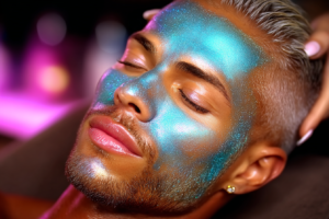 liza elmax esthetician applying a blue jelly mask on a MENs f bc e d defa